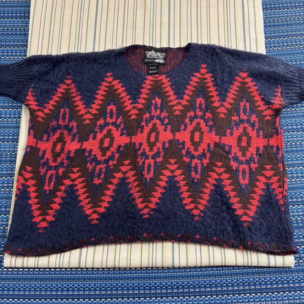 Powder River Outfitters Sweater Womens Small Blue Aztec Knit Pullover Boxy EC